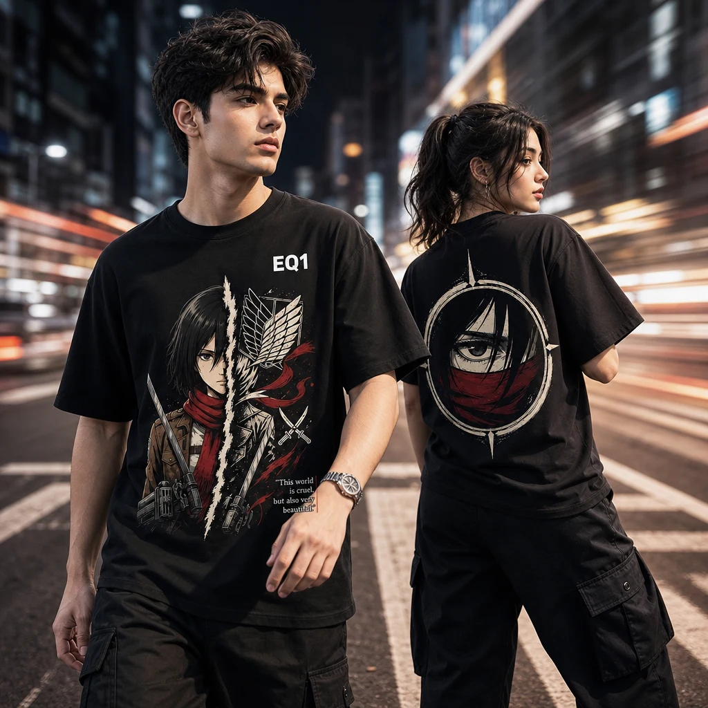 Mikasa Ackerman Split Portrait T-shirt — on-model front and back view