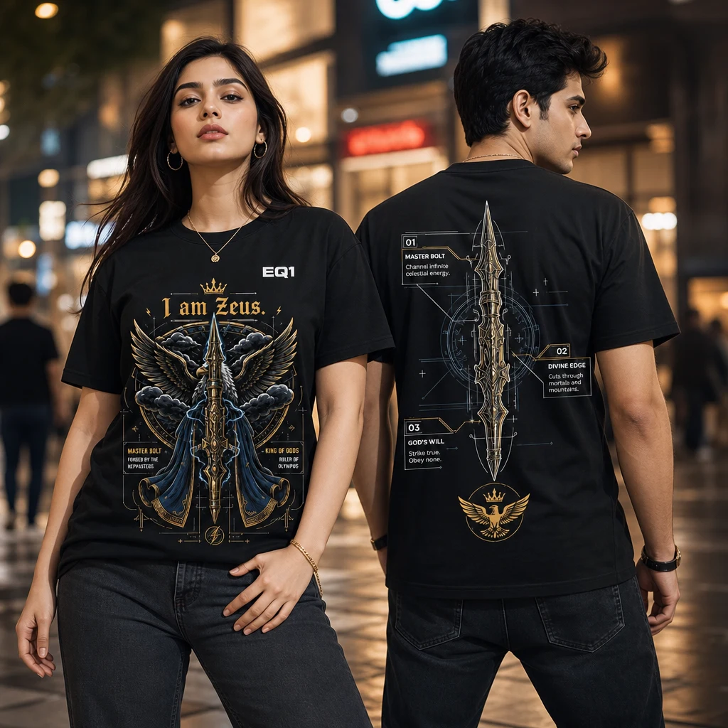 Zeus Weapon Blueprint T-shirt — on-model front and back view