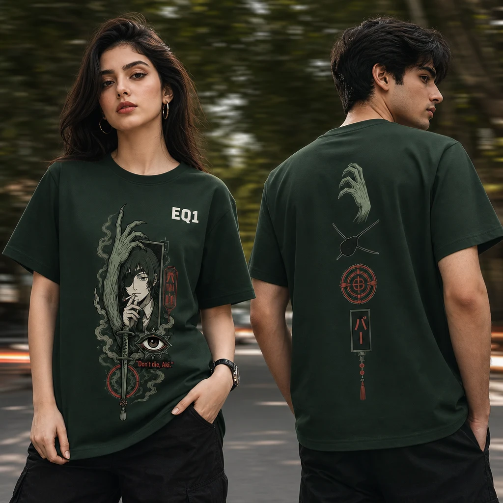 Himeno Symbol Totem T-shirt — on-model front and back view