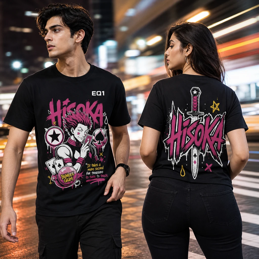 Hisoka Graffiti Burst T-shirt — on-model front and back view