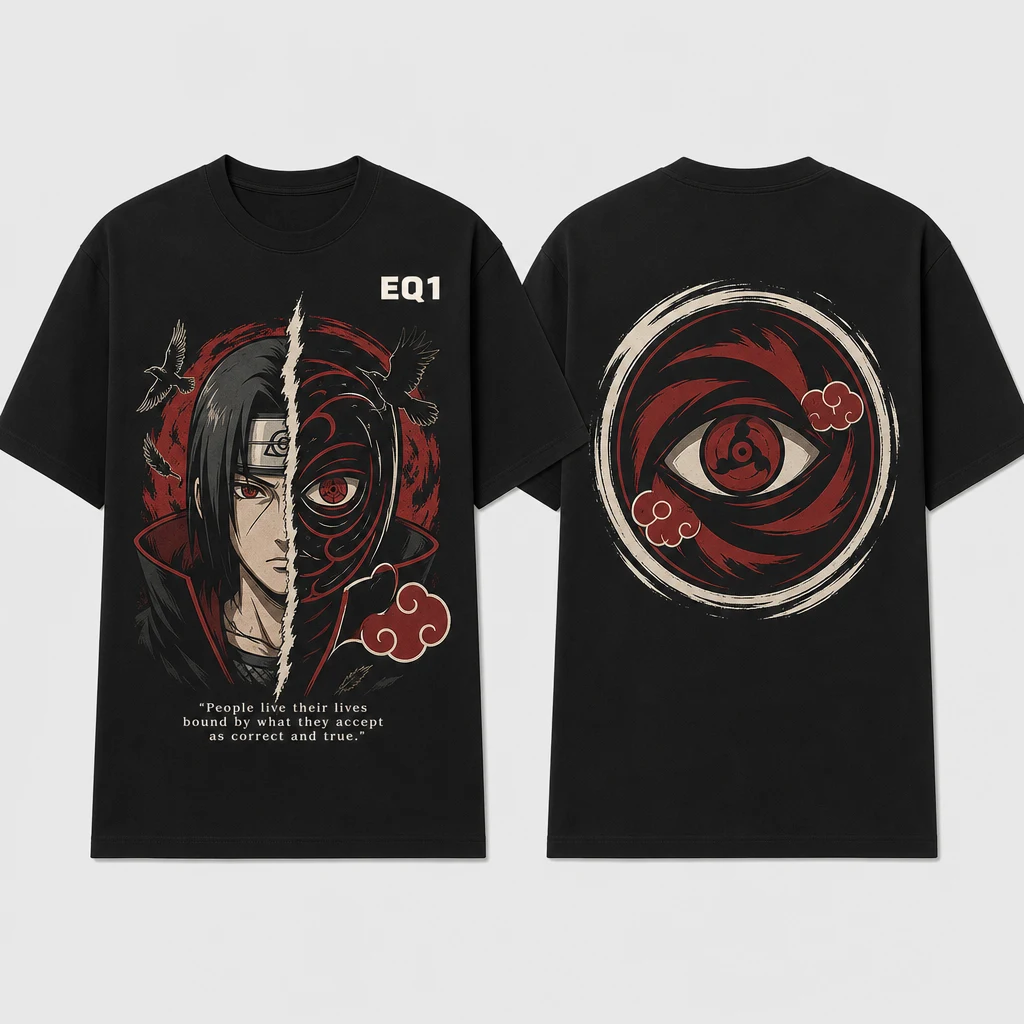Itachi Uchiha Split Portrait T-shirt — product front and back view