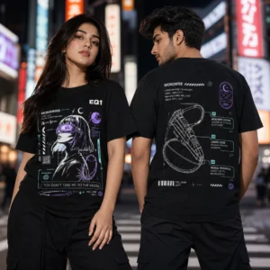 Lucy Weapon Blueprint T-shirt — on-model front and back view