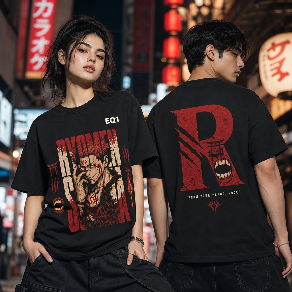 Ryomen Sukuna Typography Tower T-shirt — on-model front and back view
