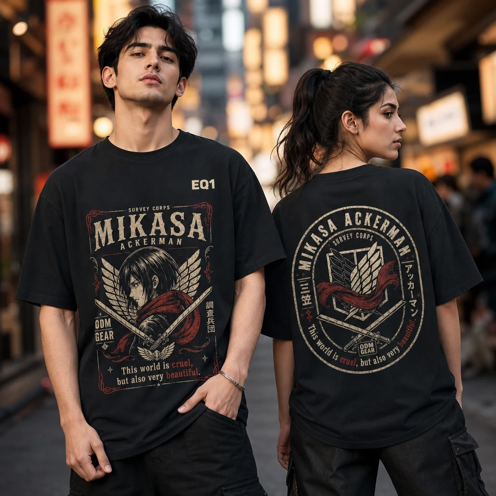 Mikasa Ackerman Vintage Label T-shirt — on-model front and back view