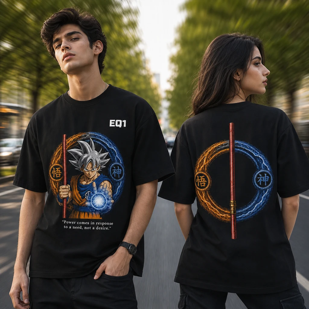 Goku Elemental Halo T-shirt — on-model front and back view