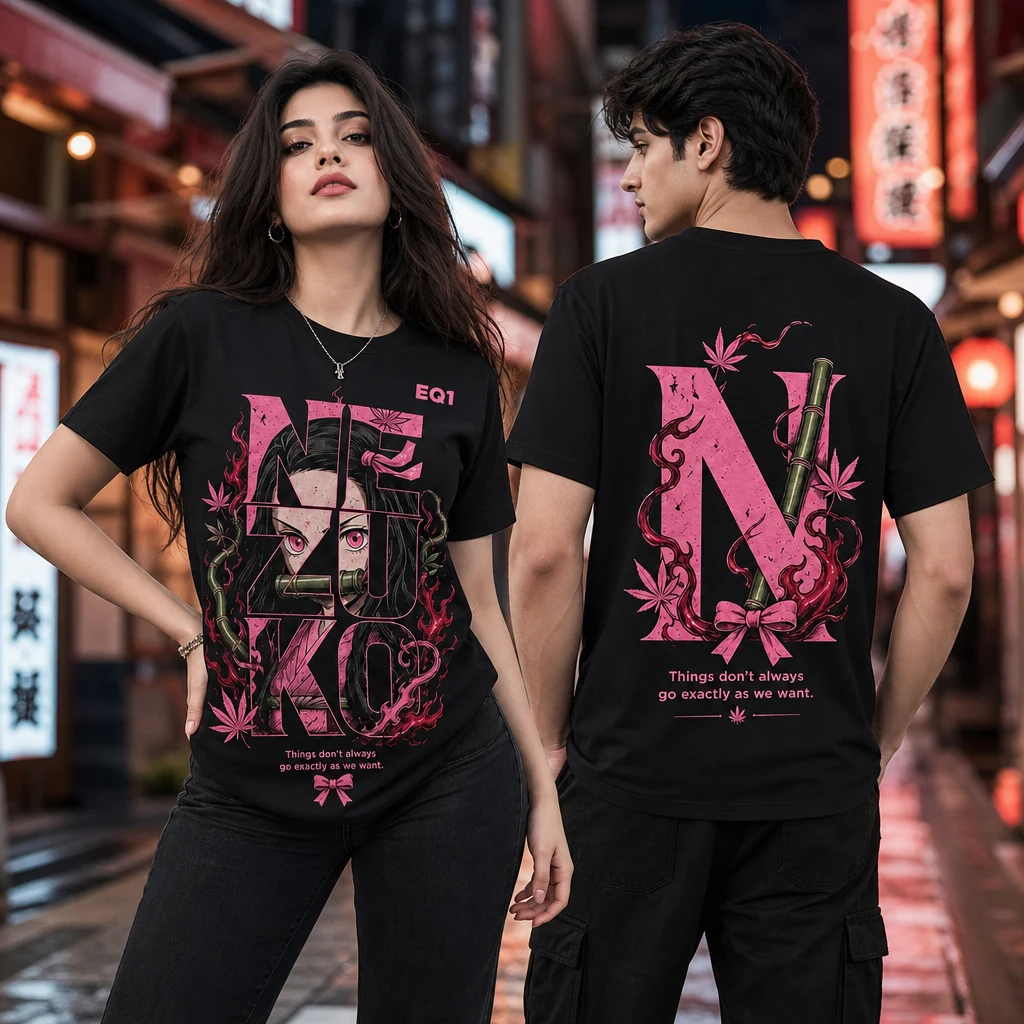 Nezuko Kamado Typography Tower T-shirt — on-model front and back view