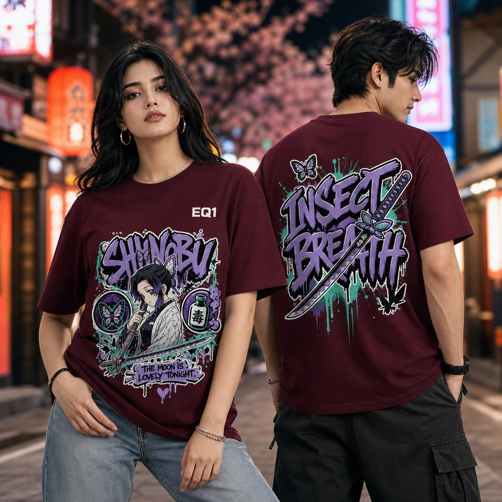 Shinobu Kocho Graffiti Burst T-shirt — on-model front and back view