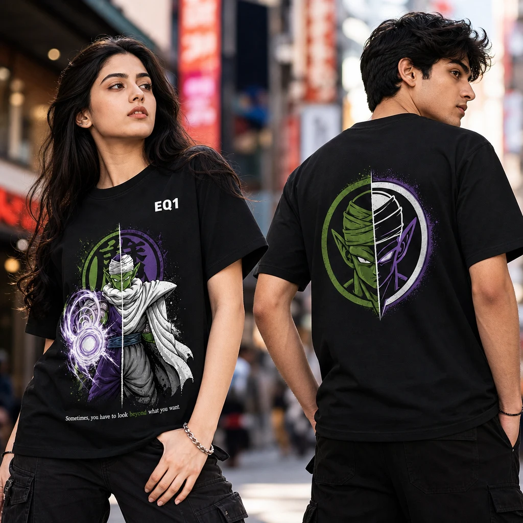 Piccolo Duality Split T-shirt — on-model front and back view