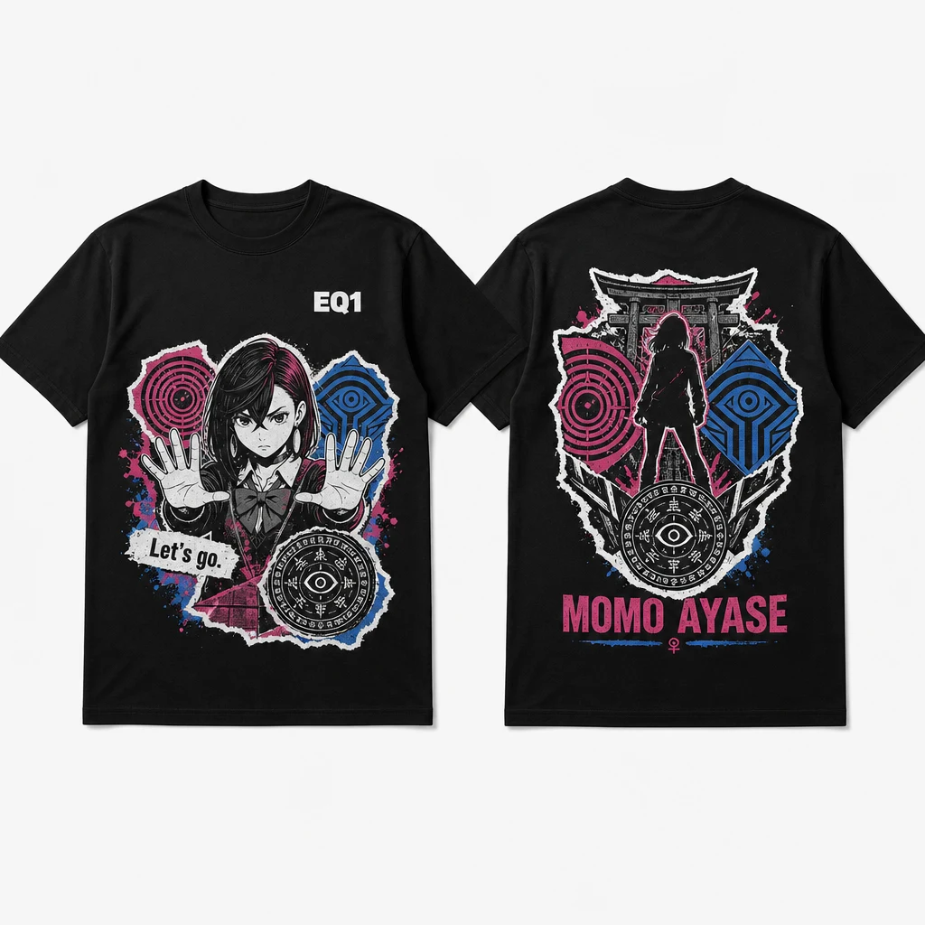 Momo Ayase Sticker Crest T-shirt — product front and back view