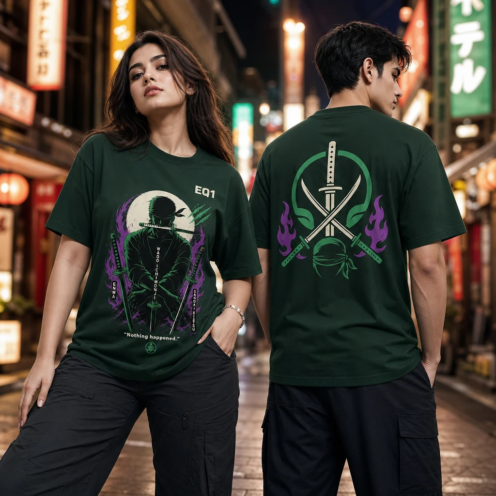Roronoa Zoro Negative Space T-shirt — on-model front and back view