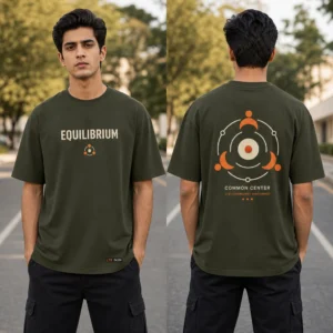 Common Orbit Shared Center T-shirt — on-model front and back view