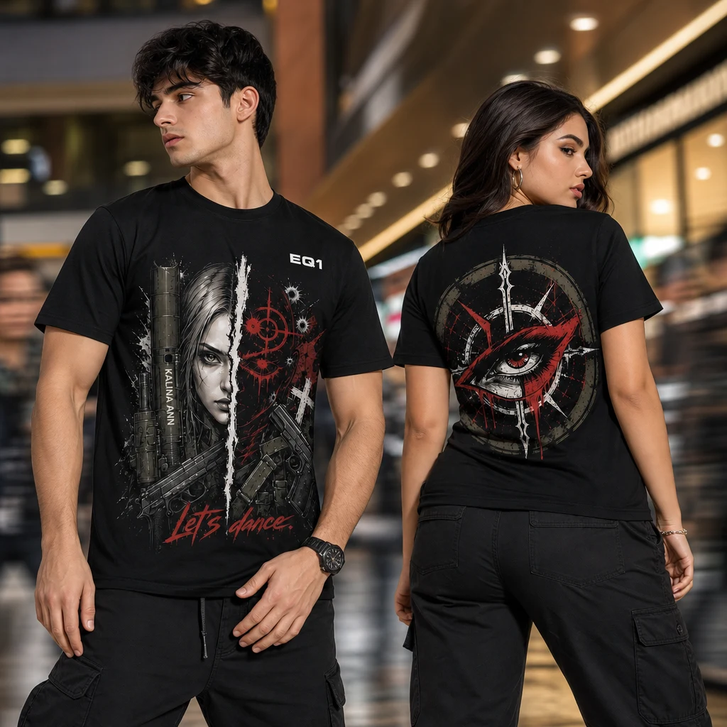 Lady Split Portrait T-shirt — on-model front and back view