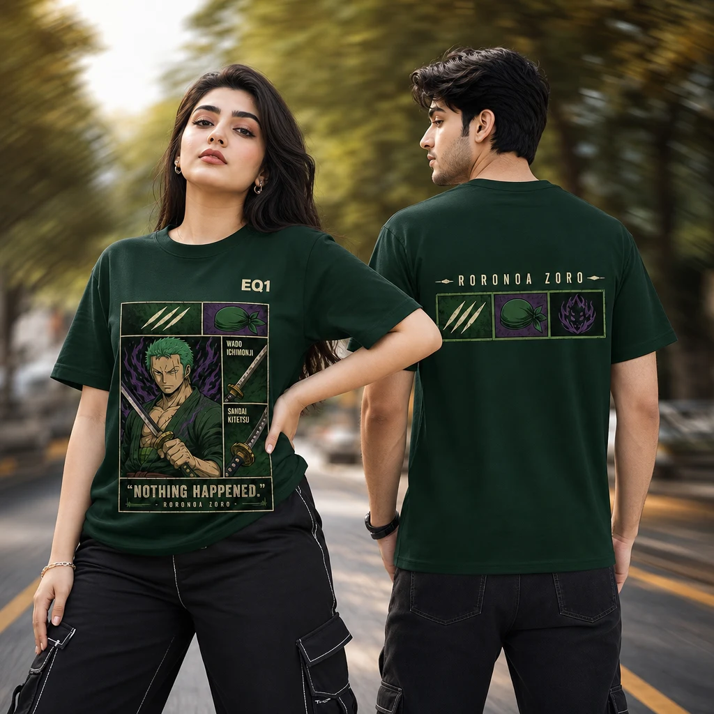 Roronoa Zoro Emblem Grid T-shirt — on-model front and back view