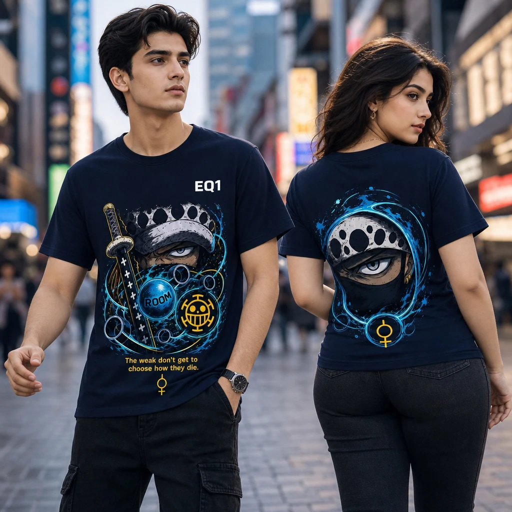 Trafalgar Law Eyes and Power T-shirt — on-model front and back view