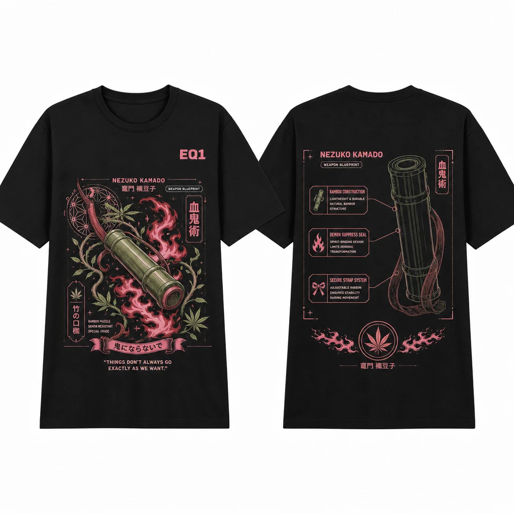 Nezuko Kamado Weapon Blueprint T-shirt — product front and back view