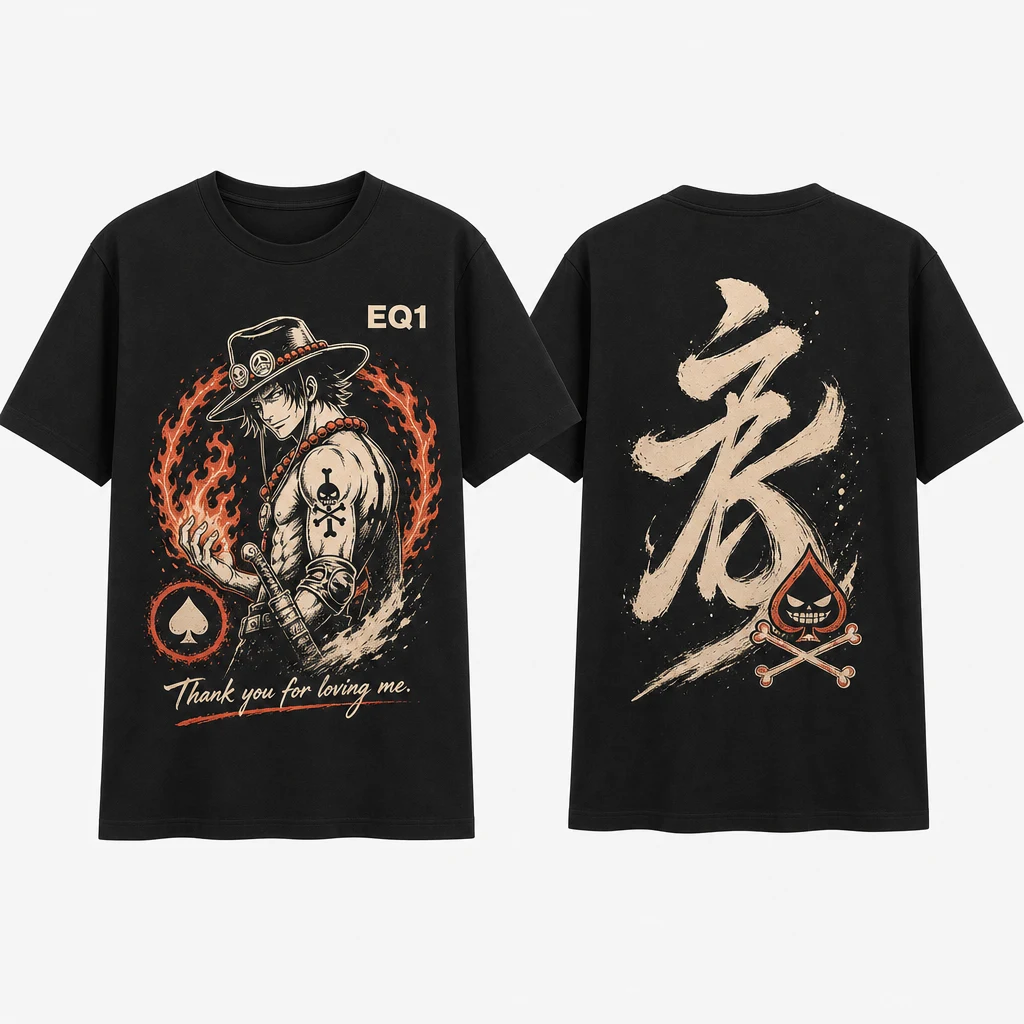Portgas D. Ace Monochrome Ink T-shirt — product front and back view