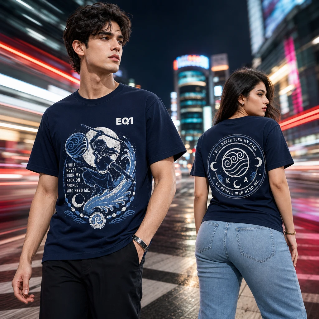Katara Distressed Stamp T-shirt — on-model front and back view