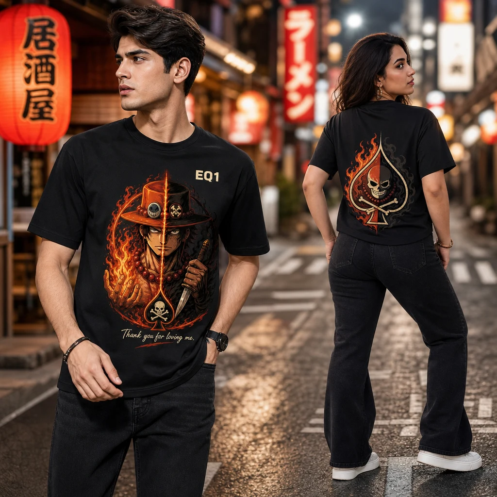 Portgas D. Ace Duality Split T-shirt — on-model front and back view