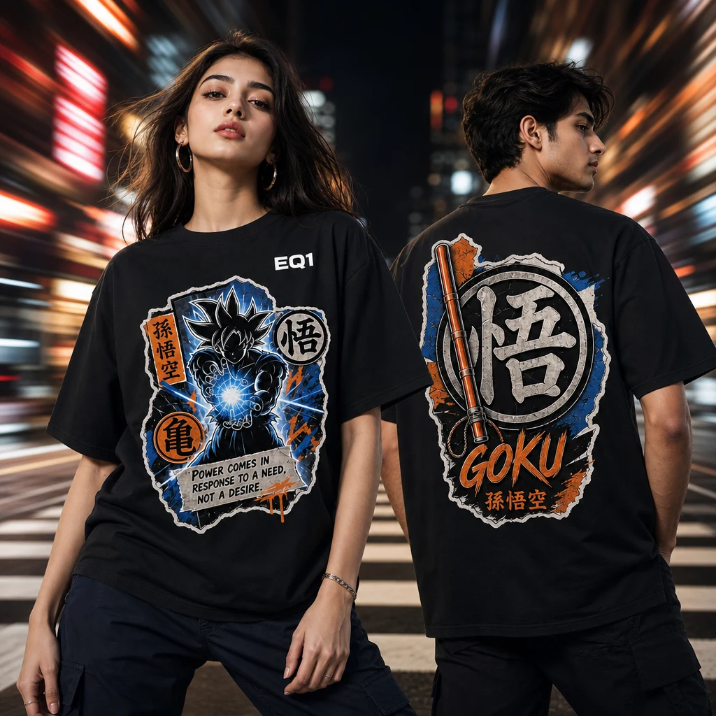 Goku Sticker Crest T-shirt — on-model front and back view