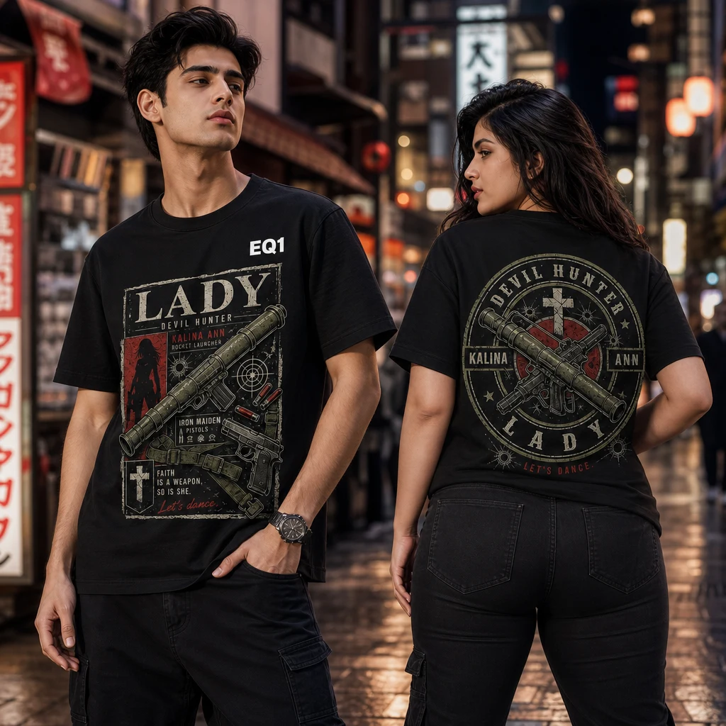 Lady Vintage Label T-shirt — on-model front and back view