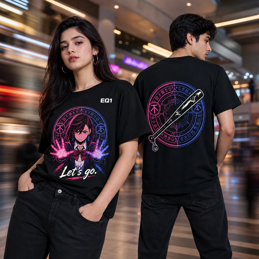 Momo Ayase Elemental Halo T-shirt — on-model front and back view