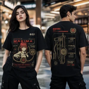 Makima Weapon Blueprint T-shirt — on-model front and back view