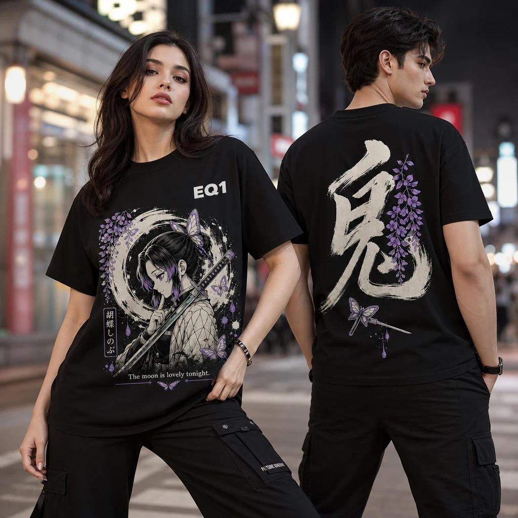 Shinobu Kocho Monochrome Ink T-shirt — on-model front and back view