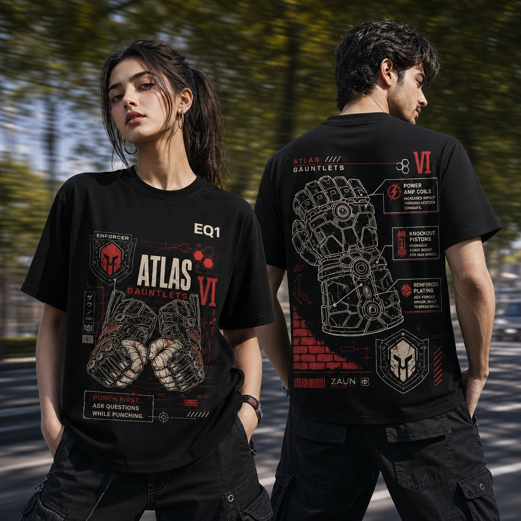 Vi Weapon Blueprint T-shirt — on-model front and back view