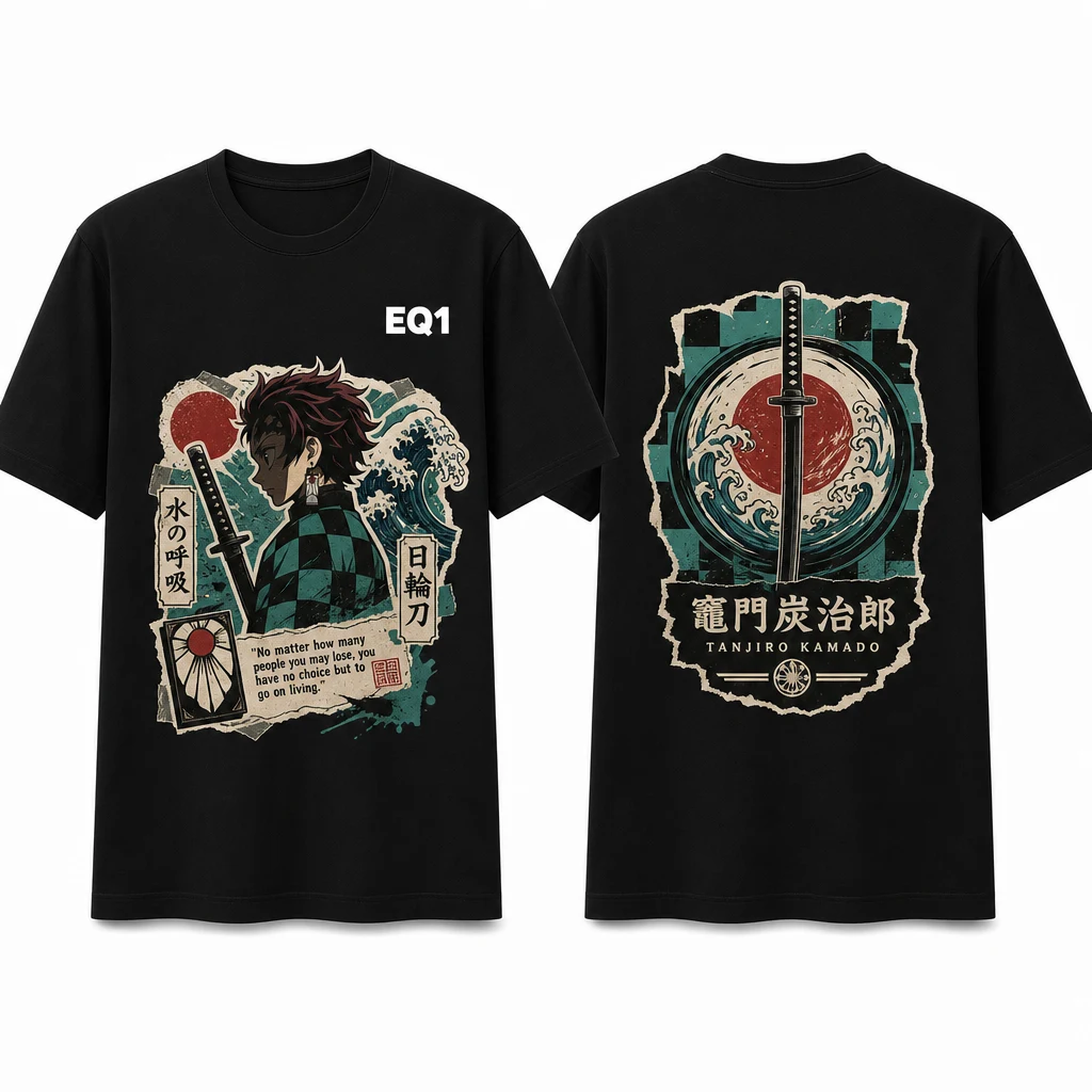 Tanjiro Kamado Sticker Crest T-shirt — product front and back view