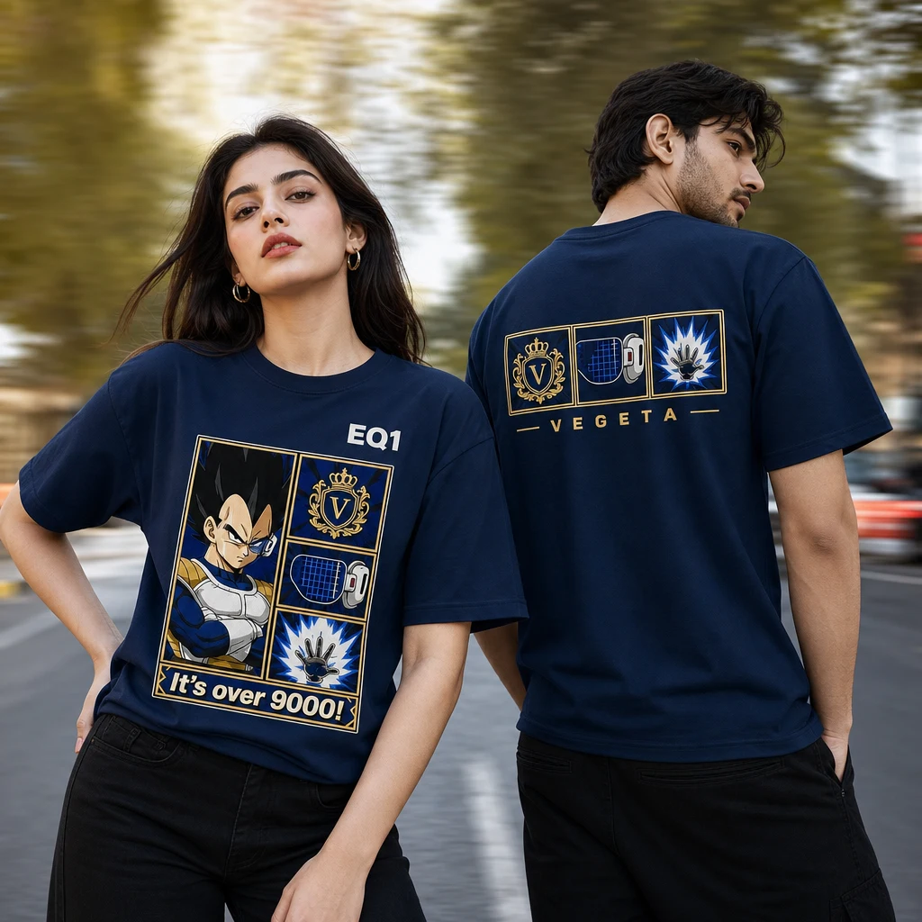 Vegeta Emblem Grid T-shirt — on-model front and back view