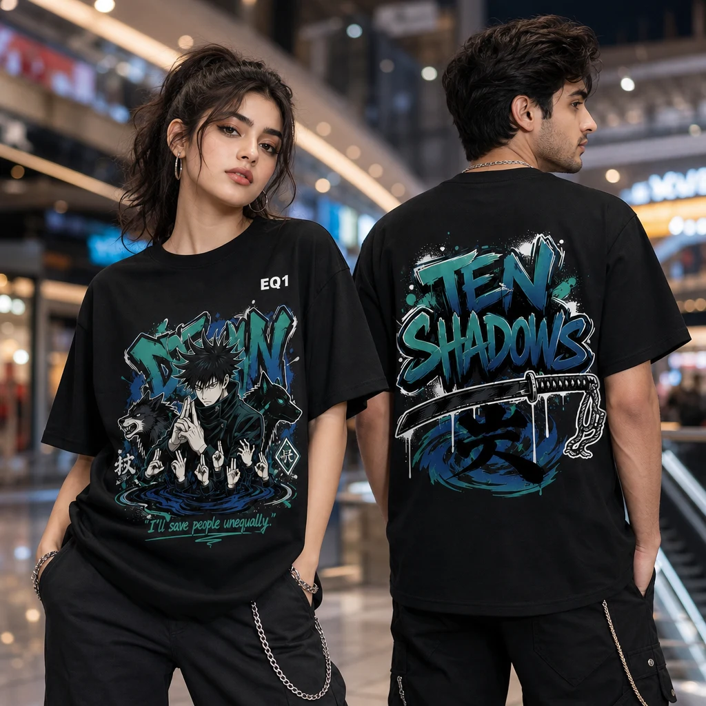 Megumi Fushiguro Graffiti Burst T-shirt — on-model front and back view