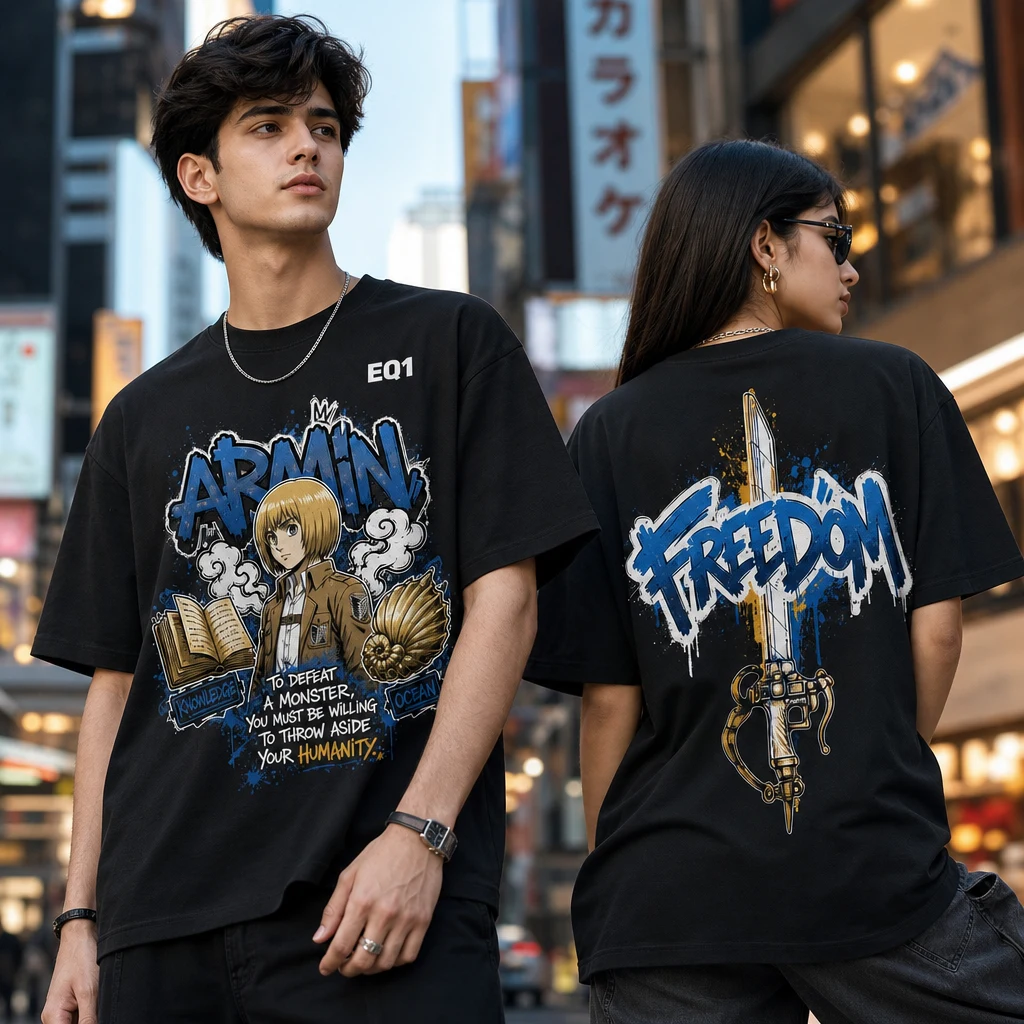 Armin Arlert Graffiti Burst T-shirt — on-model front and back view