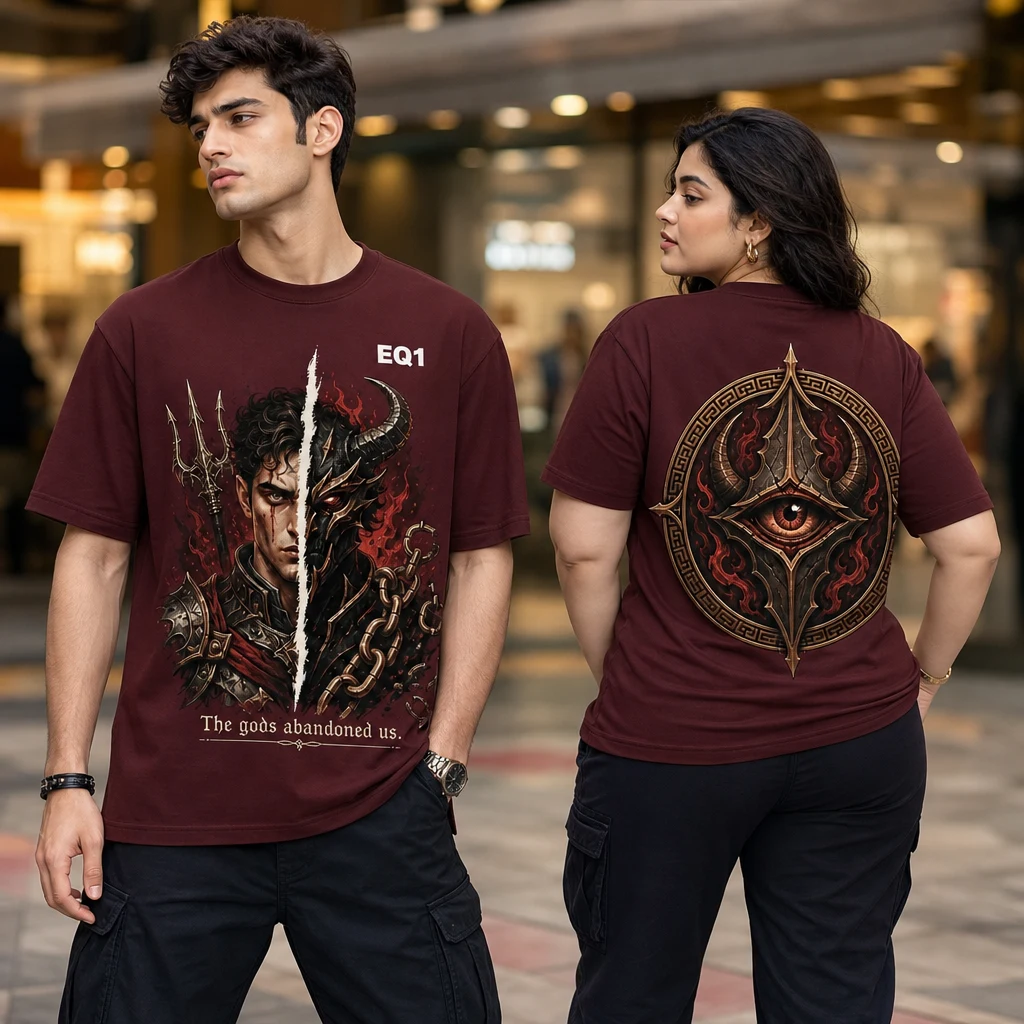 Seraphim Split Portrait T-shirt — on-model front and back view