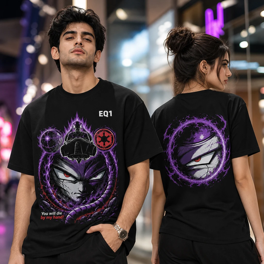 Frieza Eyes and Power T-shirt — on-model front and back view