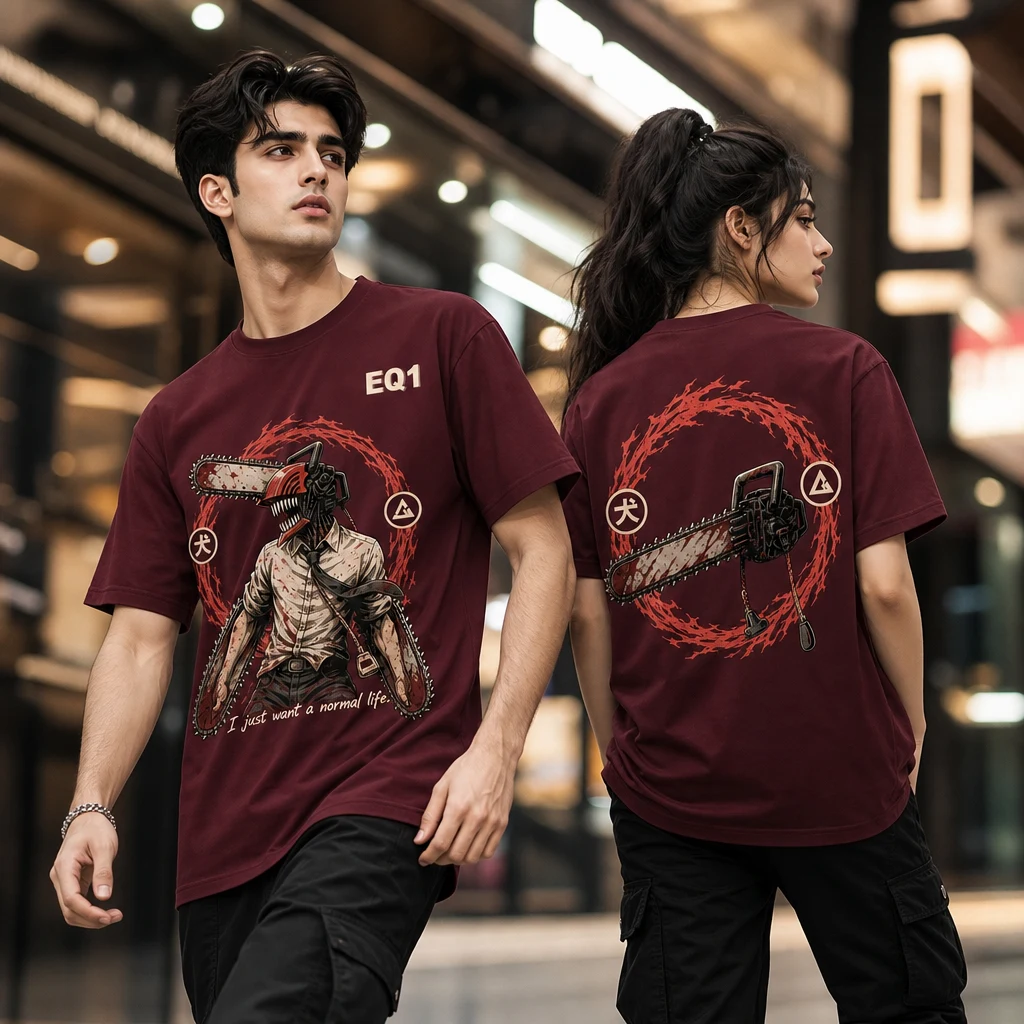 Denji Elemental Halo T-shirt — on-model front and back view