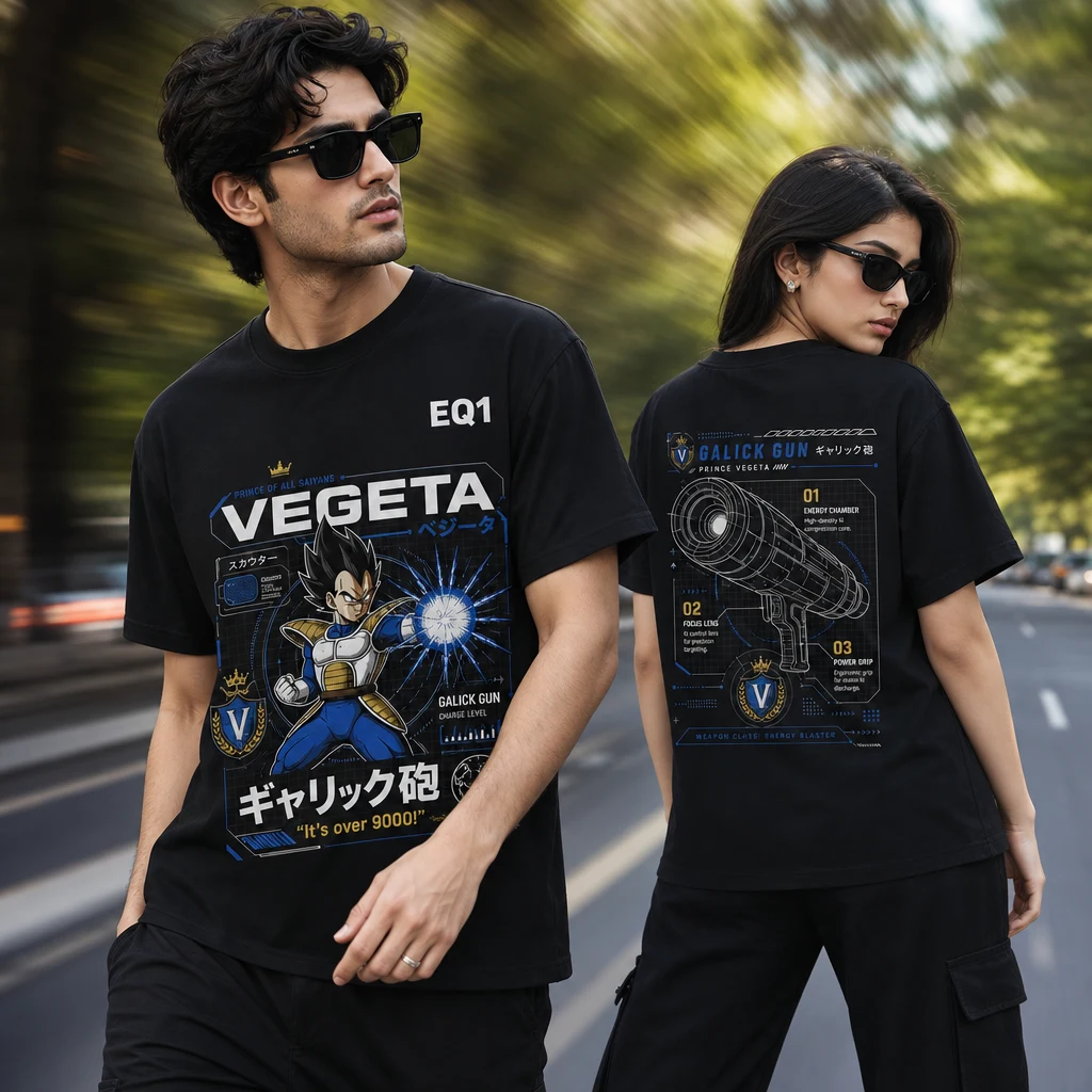 Vegeta Weapon Blueprint T-shirt — on-model front and back view