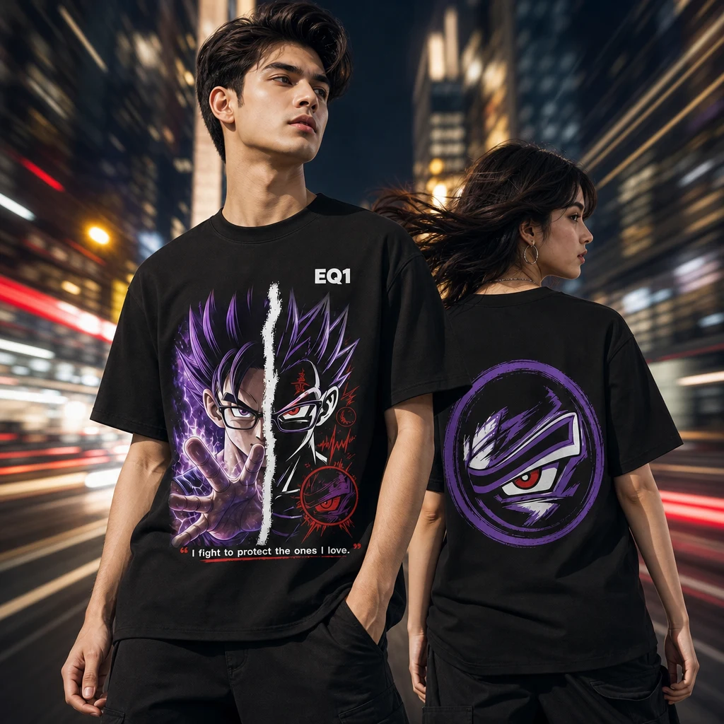Gohan Split Portrait T-shirt — on-model front and back view