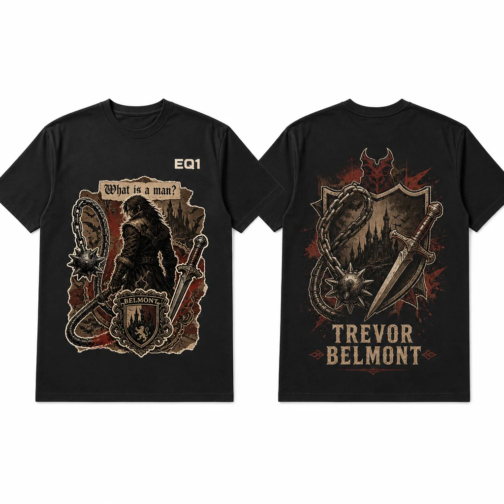 Trevor Belmont Sticker Crest T-shirt — product front and back view