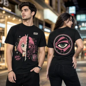 Anya Forger Split Portrait T-shirt — on-model front and back view