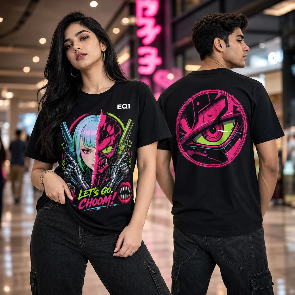 Rebecca Split Portrait T-shirt — on-model front and back view