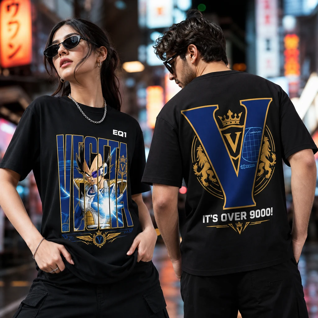 Vegeta Typography Tower T-shirt — on-model front and back view
