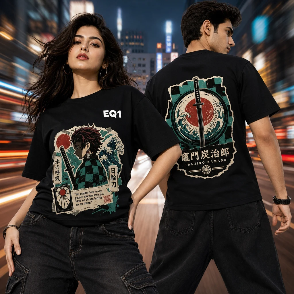 Tanjiro Kamado Sticker Crest T-shirt — on-model front and back view