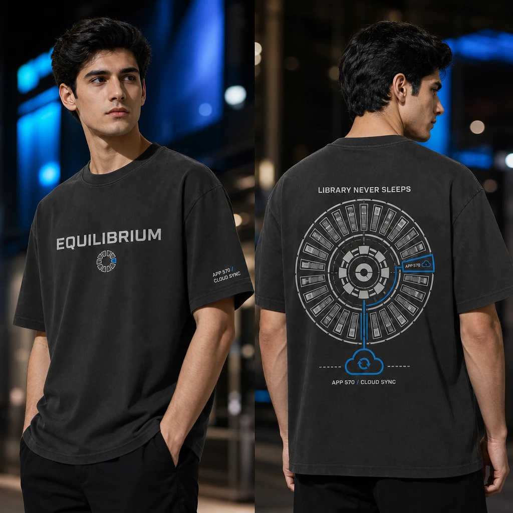 Library Engine Persistent World T-shirt — on-model front and back view