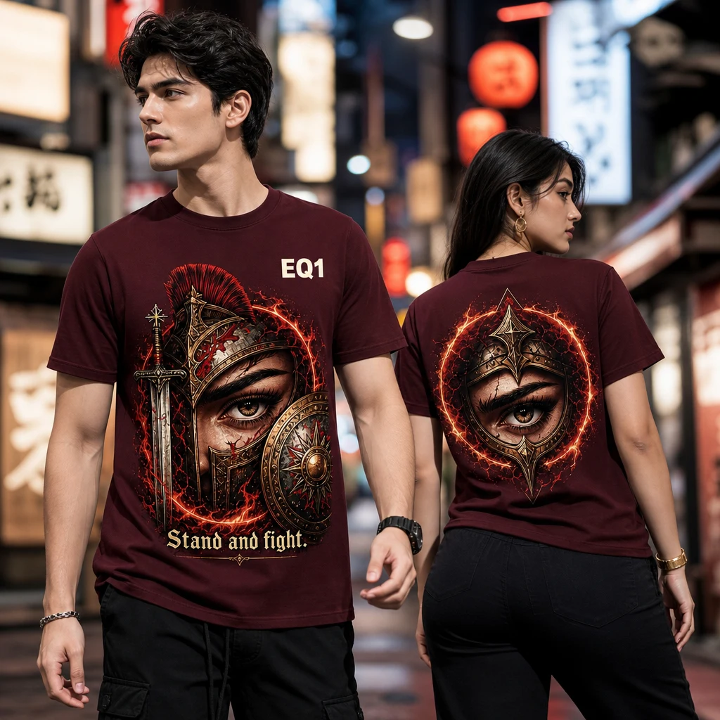 Alexia Eyes and Power T-shirt — on-model front and back view