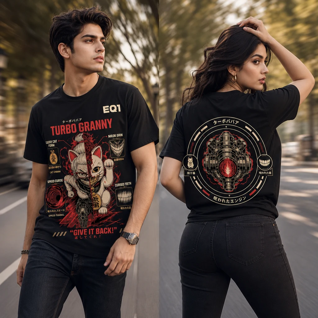 Turbo Granny Technical Cutaway T-shirt — on-model front and back view