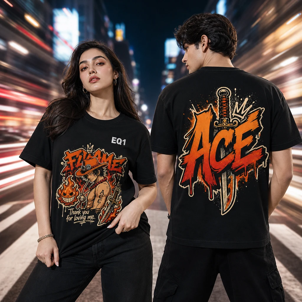 Portgas D. Ace Graffiti Burst T-shirt — on-model front and back view