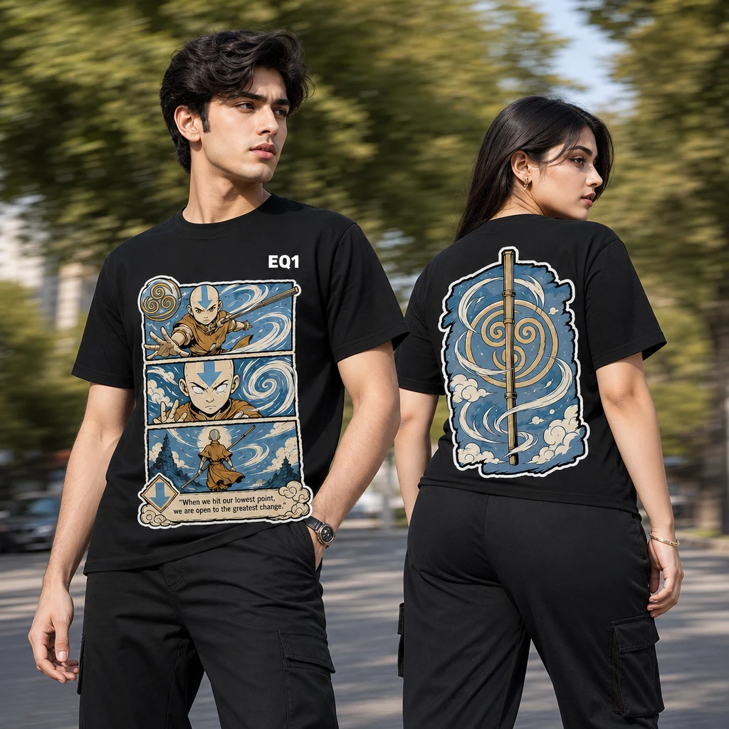 Aang Panel Stack T-shirt — on-model front and back view