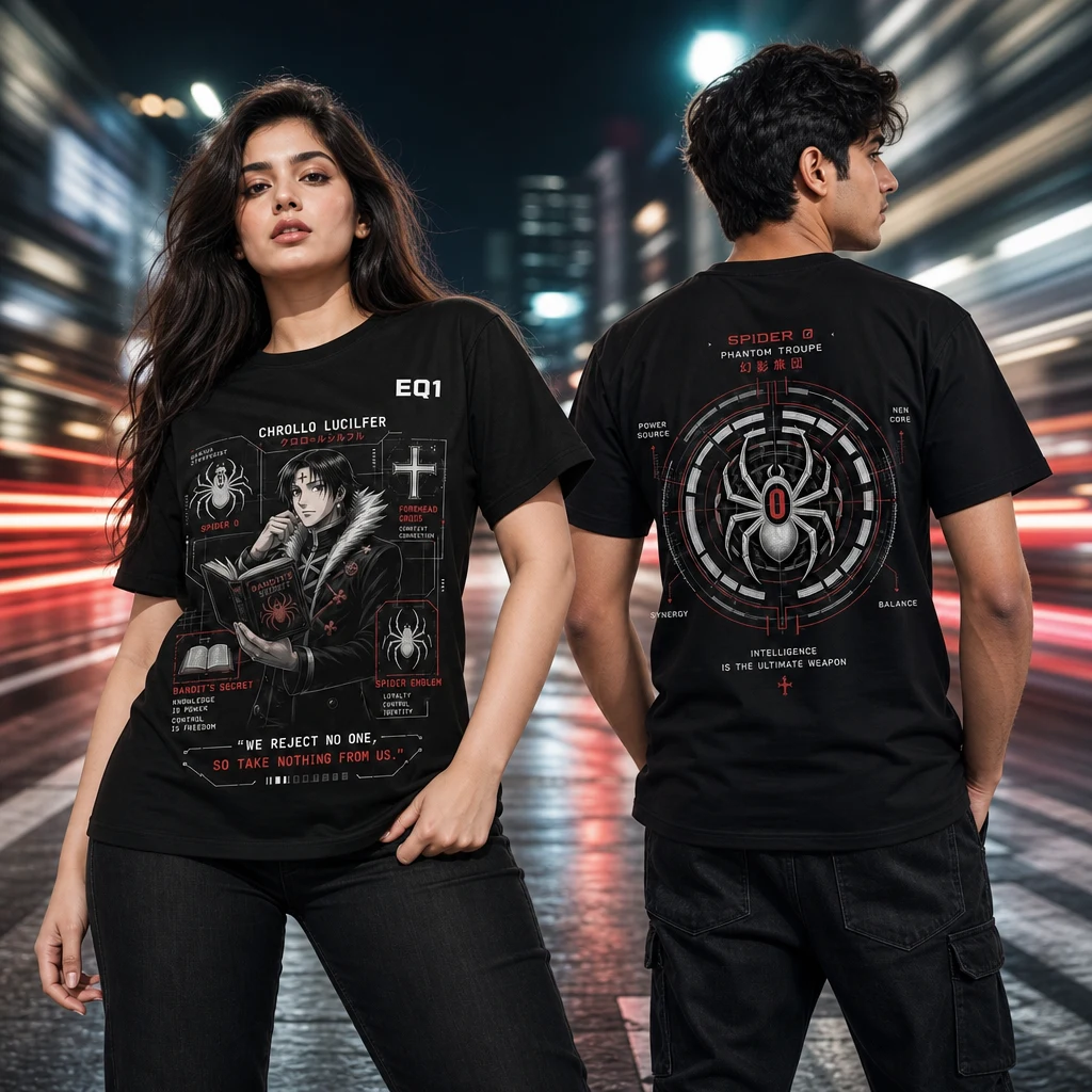 Chrollo Lucilfer Technical Cutaway T-shirt — on-model front and back view