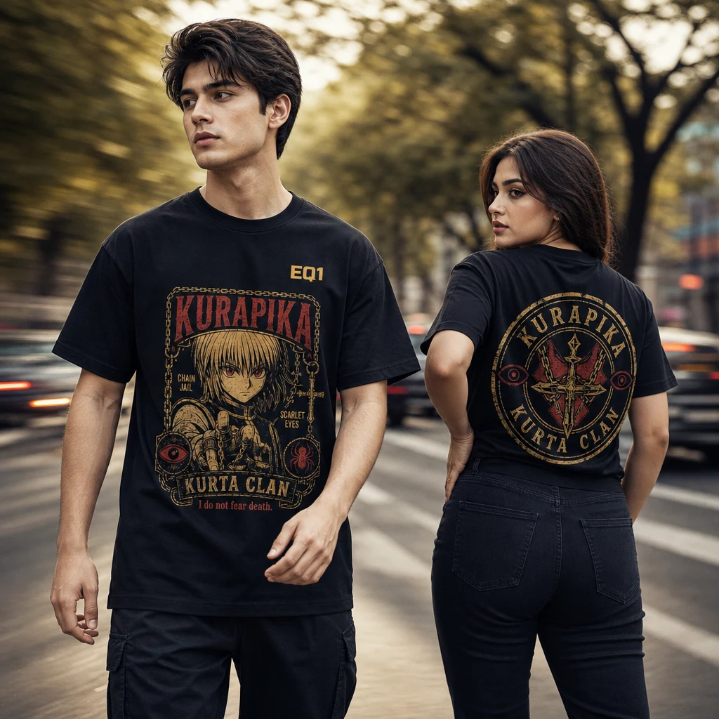 Kurapika Vintage Label T-shirt — on-model front and back view