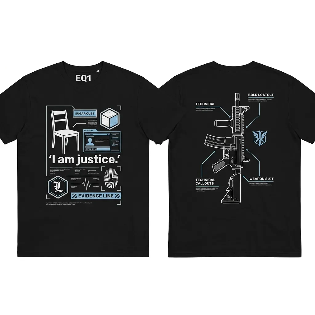 L Weapon Blueprint T-shirt — product front and back view